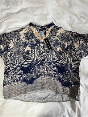 Flora Ashley Palm Tree Printed Top Coastal Nautical Beach Silk Blend Blouse